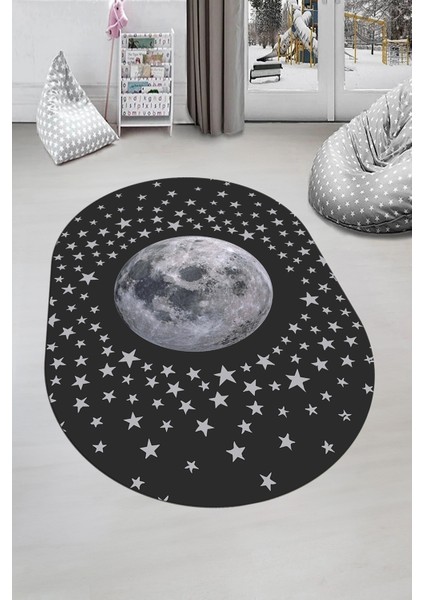 Dijital Kaymaz Taban Yıkanabilir Yıldız Ay Desen Oval Çocuk Odası Halısı, O-Çocuk-27-Antrasit, fiyatları