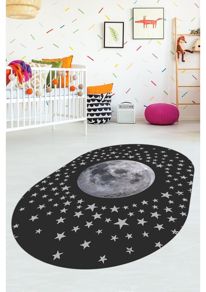 Dijital Kaymaz Taban Yıkanabilir Yıldız Ay Desen Oval Çocuk Odası Halısı, O-Çocuk-27-Antrasit, modelleri
