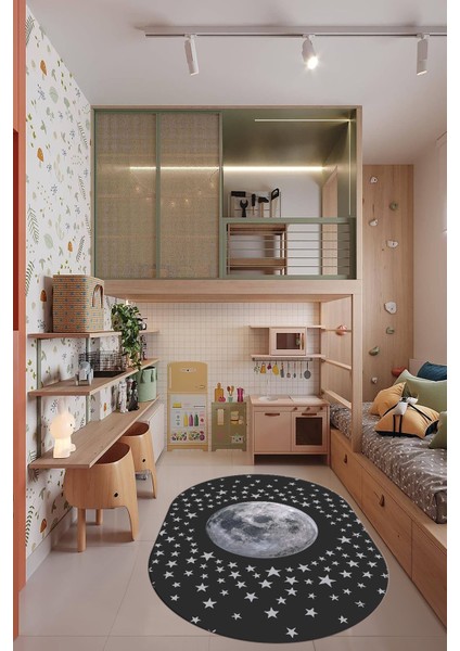 Dijital Kaymaz Taban Yıkanabilir Yıldız Ay Desen Oval Çocuk Odası Halısı, O-Çocuk-27-Antrasit, fırsatları