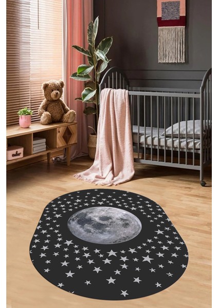 Dijital Kaymaz Taban Yıkanabilir Yıldız Ay Desen Oval Çocuk Odası Halısı, O-Çocuk-27-Antrasit, indirimleri