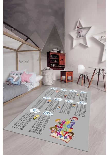 Dijital Baskılı Kaymaz Yıkanabilir Çarpım Tablosu Desenli Çocuk Odası Halısı, Çocuk-05-Gri,