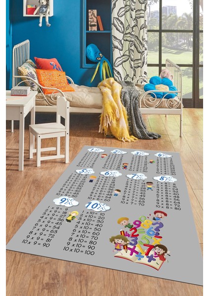 Dijital Baskılı Kaymaz Yıkanabilir Çarpım Tablosu Desenli Çocuk Odası Halısı, Çocuk-05-Gri,
