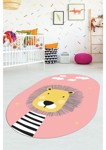 Dijital Baskılı Kaymaz Yıkanabilir Zürafa Desenli Oval Çocuk Odası Halısı, O-Çocuk-25-Pembe, fırsatları