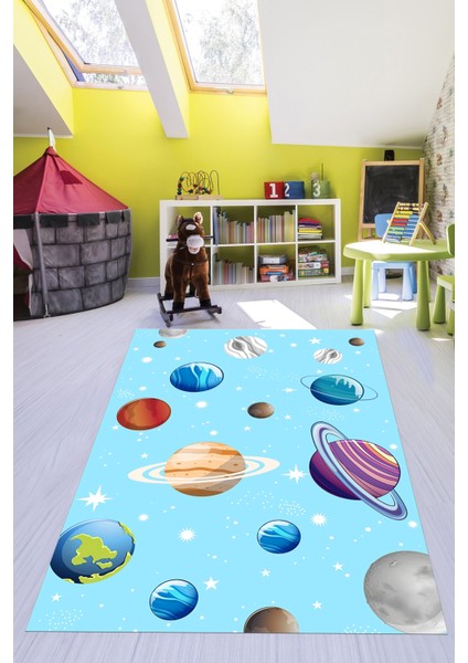 Dijital Baskılı Kaymaz Yıkanabilir Uzay Temalı Çocuk Odası Halısı, Çocuk-38-Mavi,