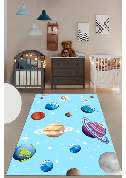 Dijital Baskılı Kaymaz Yıkanabilir Uzay Temalı Çocuk Odası Halısı, Çocuk-38-Mavi, fiyatları