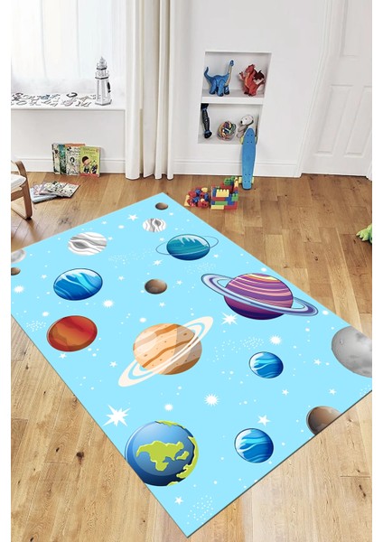 Dijital Baskılı Kaymaz Yıkanabilir Uzay Temalı Çocuk Odası Halısı, Çocuk-38-Mavi, modelleri