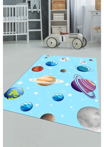Dijital Baskılı Kaymaz Yıkanabilir Uzay Temalı Çocuk Odası Halısı, Çocuk-38-Mavi, fırsatları