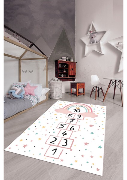 Kaymaz Taban Yıkanabilir Yıldızlı Sek Sek Desen Çocuk Odası Oyun Halısı, Çocuk-12-Beyaz, modelleri