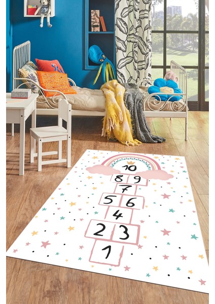 Kaymaz Taban Yıkanabilir Yıldızlı Sek Sek Desen Çocuk Odası Oyun Halısı, Çocuk-12-Beyaz, fırsatları