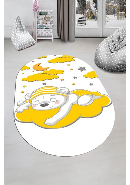 Dijital Baskılı Kaymaz Yıkanabilir Sevimli Ayıcık Desen Oval Çocuk Odası Halısı, O-Çocuk-34-Sarı,