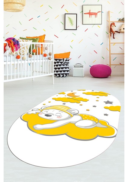 Dijital Baskılı Kaymaz Yıkanabilir Sevimli Ayıcık Desen Oval Çocuk Odası Halısı, O-Çocuk-34-Sarı, fiyatları