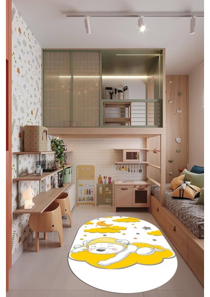 Dijital Baskılı Kaymaz Yıkanabilir Sevimli Ayıcık Desen Oval Çocuk Odası Halısı, O-Çocuk-34-Sarı, modelleri