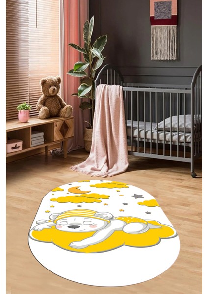 Dijital Baskılı Kaymaz Yıkanabilir Sevimli Ayıcık Desen Oval Çocuk Odası Halısı, O-Çocuk-34-Sarı, fırsatları
