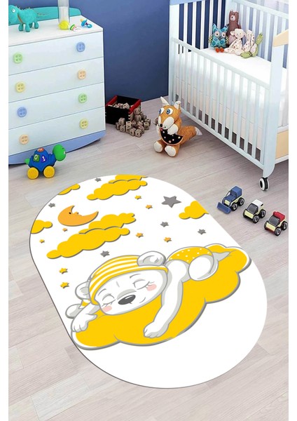 Dijital Baskılı Kaymaz Yıkanabilir Sevimli Ayıcık Desen Oval Çocuk Odası Halısı, O-Çocuk-34-Sarı, indirimleri
