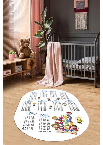 Dijital Kaymaz Yıkanabilir Çarpım Tablosu Desenli Oval Çocuk Odası Halısı, O-Çocuk-05-Beyaz,