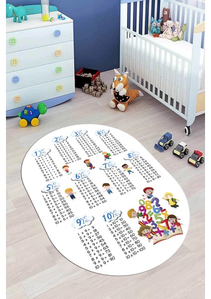 Dijital Kaymaz Yıkanabilir Çarpım Tablosu Desenli Oval Çocuk Odası Halısı, O-Çocuk-05-Beyaz, fiyatları