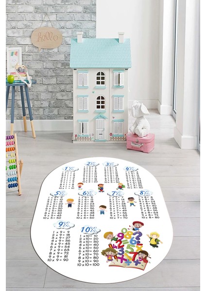 Dijital Kaymaz Yıkanabilir Çarpım Tablosu Desenli Oval Çocuk Odası Halısı, O-Çocuk-05-Beyaz, modelleri