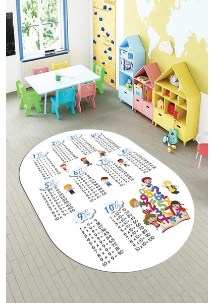 Dijital Kaymaz Yıkanabilir Çarpım Tablosu Desenli Oval Çocuk Odası Halısı, O-Çocuk-05-Beyaz, fırsatları