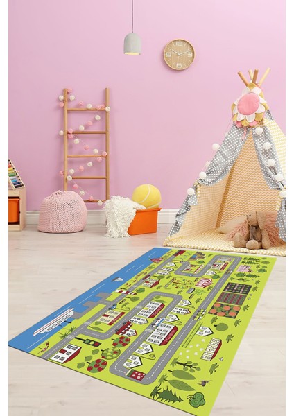 Kaymaz Taban Yıkanabilir Trafik Eğitici Çocuk Odası Oyun Halısı, Çocuk-07-Yeşil, fiyatları