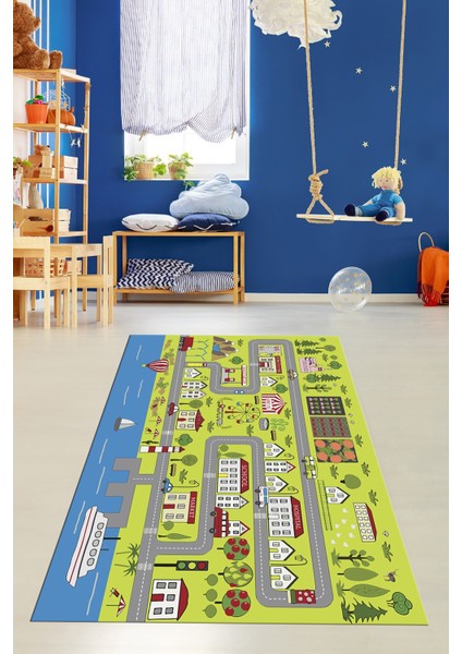 Kaymaz Taban Yıkanabilir Trafik Eğitici Çocuk Odası Oyun Halısı, Çocuk-07-Yeşil, modelleri