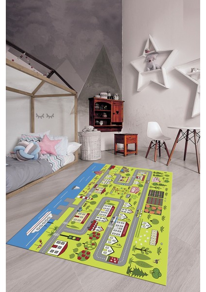 Kaymaz Taban Yıkanabilir Trafik Eğitici Çocuk Odası Oyun Halısı, Çocuk-07-Yeşil, fırsatları