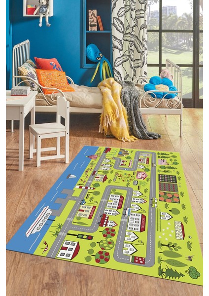 Kaymaz Taban Yıkanabilir Trafik Eğitici Çocuk Odası Oyun Halısı, Çocuk-07-Yeşil, indirimleri