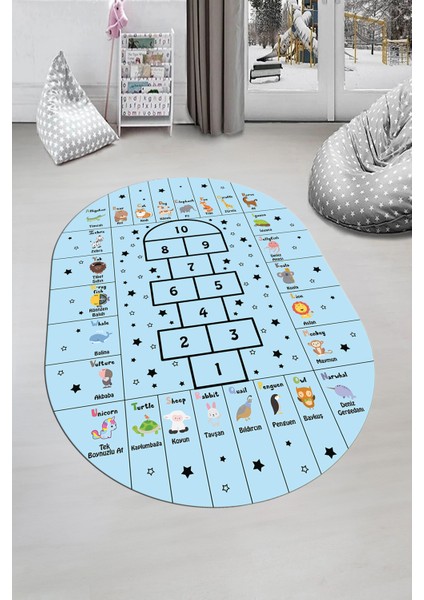 Sek Sek Desen Ingilizce Öğretici Eğitici Oval Çocuk Odası Oyun Halısı, O-Çocuk-36-Mavi,