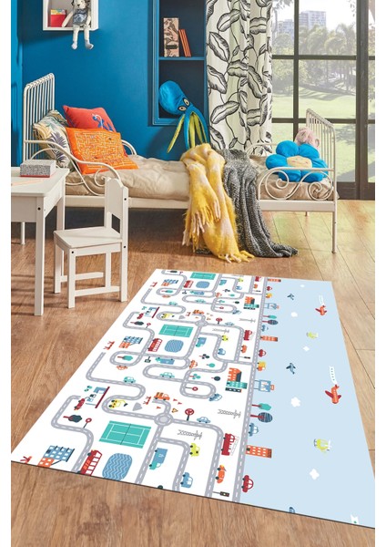 Dijital Baskılı Kaymaz Yıkanabilir Şehir Trafik Temalı Çocuk Odası Oyun Halısı, Çocuk-19-Renkli, modelleri