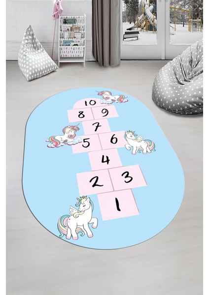 Unicornlu Sek Sek Desen Yıkanabilir Eğlenceli Oval Çocuk Odası Oyun Halısı, O-Çocuk-37-Mavi,