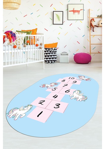 Unicornlu Sek Sek Desen Yıkanabilir Eğlenceli Oval Çocuk Odası Oyun Halısı, O-Çocuk-37-Mavi, fiyatları