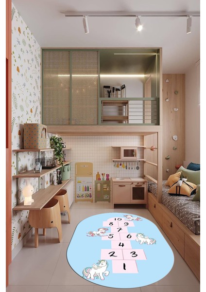 Unicornlu Sek Sek Desen Yıkanabilir Eğlenceli Oval Çocuk Odası Oyun Halısı, O-Çocuk-37-Mavi, modelleri