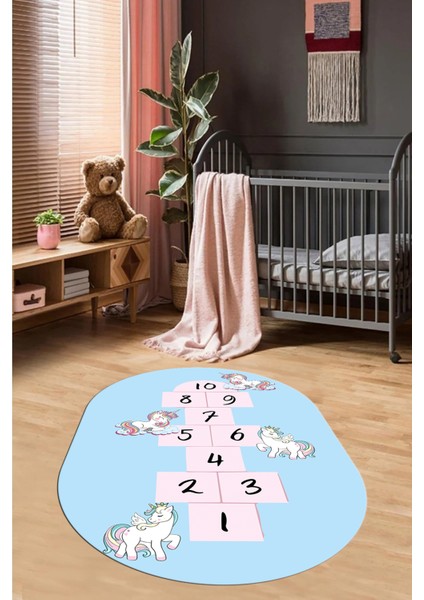 Unicornlu Sek Sek Desen Yıkanabilir Eğlenceli Oval Çocuk Odası Oyun Halısı, O-Çocuk-37-Mavi, fırsatları