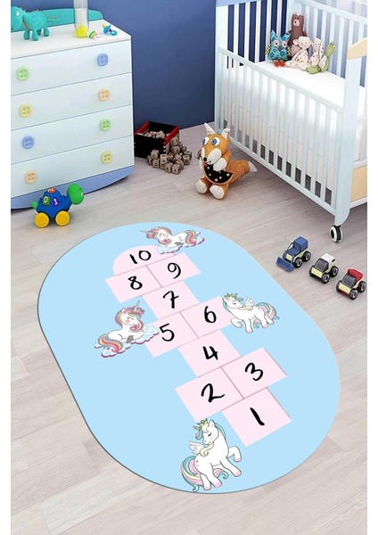 Unicornlu Sek Sek Desen Yıkanabilir Eğlenceli Oval Çocuk Odası Oyun Halısı, O-Çocuk-37-Mavi, indirimleri