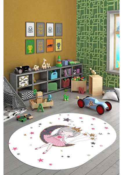 Kaymaz Taban Yıkanabilir Ayda Oturan Prenses Desenli Oval Çocuk Odası Halısı, O-Çocuk-13-Beyaz, fırsatları