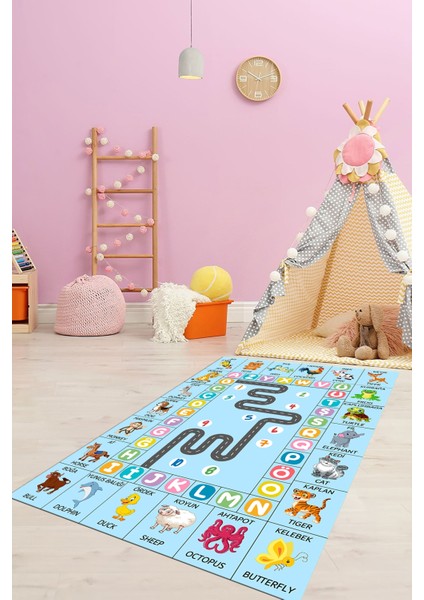 Ingilizce Harf ve Hayvan Temalı Eğitici Çocuk Odası Oyun Halısı, Çocuk-44-Mavi, fırsatları