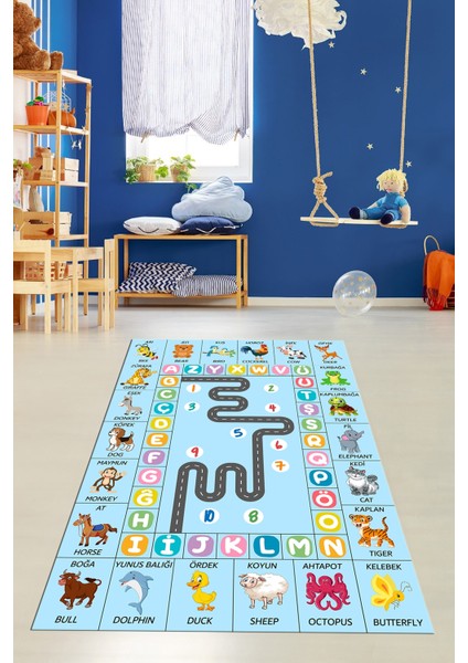 Ingilizce Harf ve Hayvan Temalı Eğitici Çocuk Odası Oyun Halısı, Çocuk-44-Mavi, indirimleri