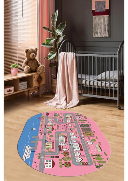 Kaymaz Taban Yıkanabilir Trafik Eğitici Oval Çocuk Odası Oyun Halısı, O-Çocuk-07-Pembe,