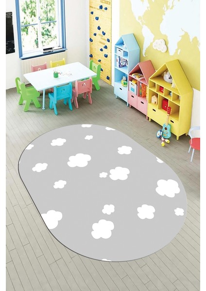 Dijital Baskılı Kaymaz Yıkanabilir Bulut Desenli Oval Çocuk Odası Halısı, O-Çocuk-08-Gri, modelleri