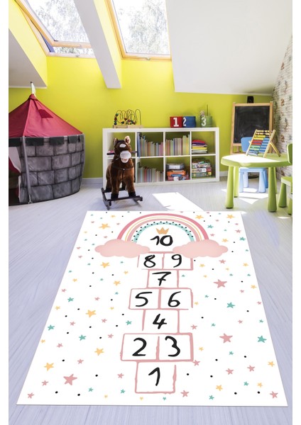 Kaymaz Taban Yıkanabilir Yıldızlı Sek Sek Desen Çocuk Odası Oyun Halısı, Çocuk-12-Beyaz, indirimleri