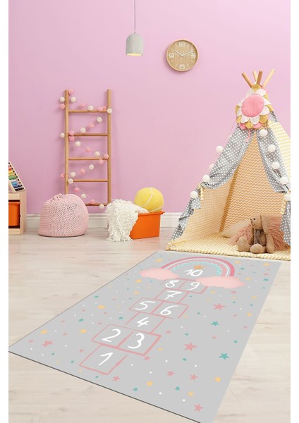 Kaymaz Taban Yıkanabilir Yıldızlı Sek Sek Desen Çocuk Odası Oyun Halısı, Çocuk-12-Gri,