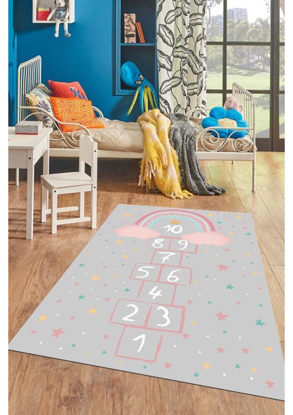 Kaymaz Taban Yıkanabilir Yıldızlı Sek Sek Desen Çocuk Odası Oyun Halısı, Çocuk-12-Gri, fırsatları