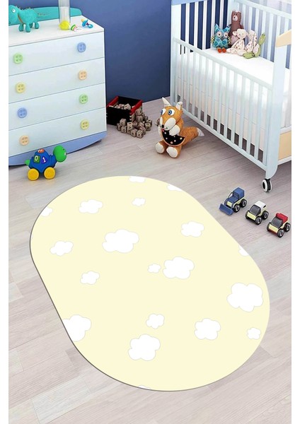 Dijital Baskılı Kaymaz Yıkanabilir Bulut Desenli Oval Çocuk Odası Halısı, O-Çocuk-08-Sarı,