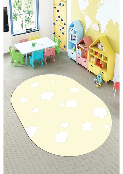 Dijital Baskılı Kaymaz Yıkanabilir Bulut Desenli Oval Çocuk Odası Halısı, O-Çocuk-08-Sarı, modelleri