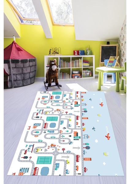 Dijital Baskılı Kaymaz Yıkanabilir Şehir Trafik Temalı Çocuk Odası Oyun Halısı, Çocuk-19-Renkli, fırsatları