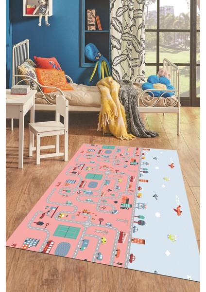 Dijital Baskılı Kaymaz Yıkanabilir Şehir Trafik Temalı Çocuk Odası Oyun Halısı, Çocuk-19-Pembe, modelleri