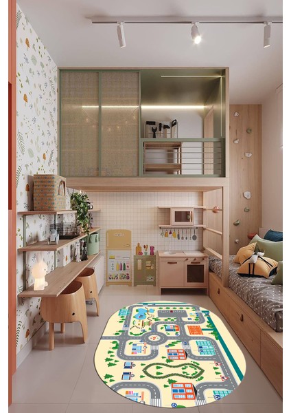 Trafik Yollu Arabalı Yıkanabilir Eğlendirici Oval Çocuk Odası Oyun Halısı, O-Çocuk-47-Krem,