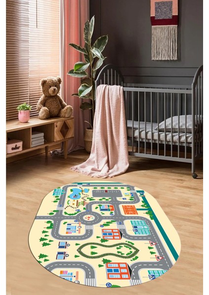 Trafik Yollu Arabalı Yıkanabilir Eğlendirici Oval Çocuk Odası Oyun Halısı, O-Çocuk-47-Krem, fiyatları