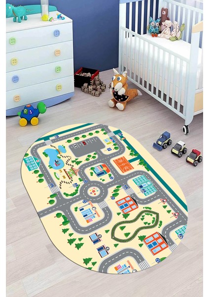 Trafik Yollu Arabalı Yıkanabilir Eğlendirici Oval Çocuk Odası Oyun Halısı, O-Çocuk-47-Krem, modelleri