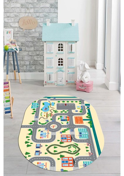 Trafik Yollu Arabalı Yıkanabilir Eğlendirici Oval Çocuk Odası Oyun Halısı, O-Çocuk-47-Krem, fırsatları