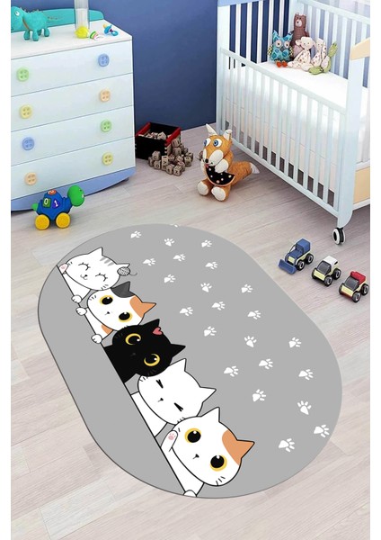 Sevimli Kediler Baskılı Yıkanabilir Kaymaz Oval Çocuk Odası Halısı, O-Çocuk-49-Gri, modelleri